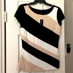 Women short sleeve Top with Black/Tan/White Color Block